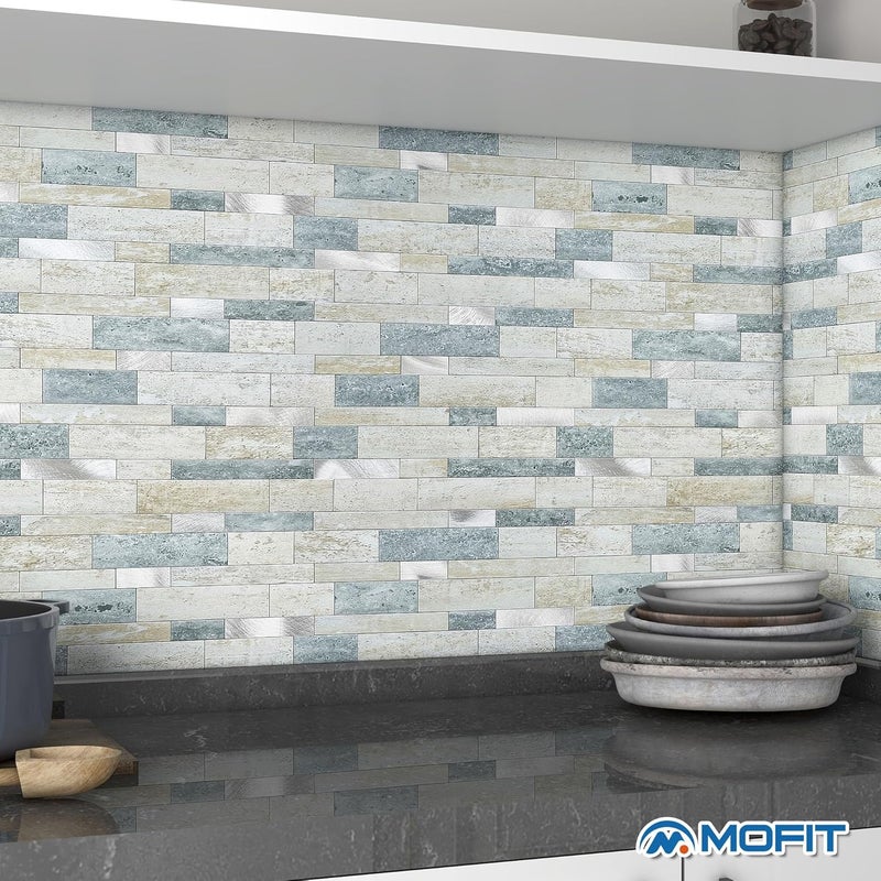 M MOFIT MOFIT Backsplash Tile for Kitchen Peel and Stick Stone Matte Finish,Bathroom Tiles Stickers 3D Wall Panel Linear Mosaic Marble Backsplash Waterproof(5sheets,Blue Green Gray) - Image 4